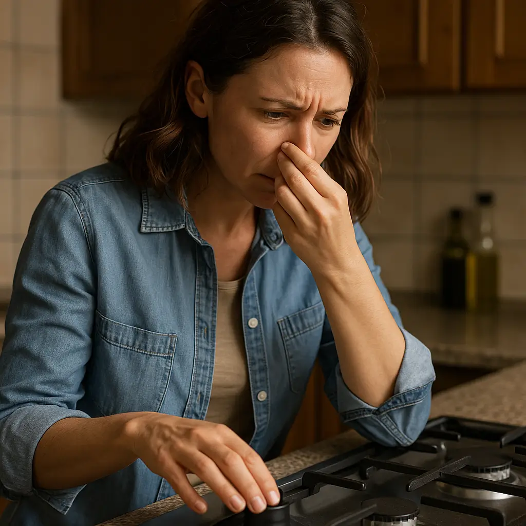 Vazamento de gás em casa: como identificar e agir; mulher tapando o nariz ao girar o botão do fogão na cozinha