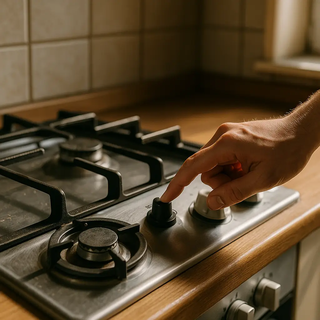 Acendimento elétrico do fogão não funciona: como resolver, dedo pressionando botão no fogão de inox