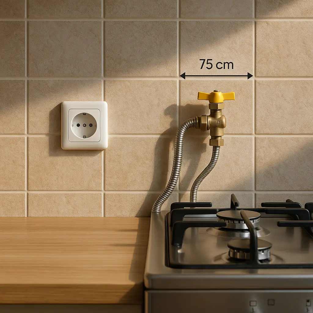 Altura da tomada do fogão: medidas e distância, tomada e registro de gás com marcação 75 cm ao lado do cooktop