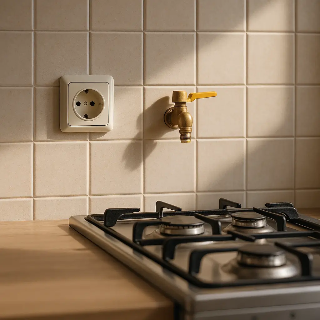 Altura da tomada do fogão: medidas e distância, tomada e registro de gás na parede ao lado do cooktop