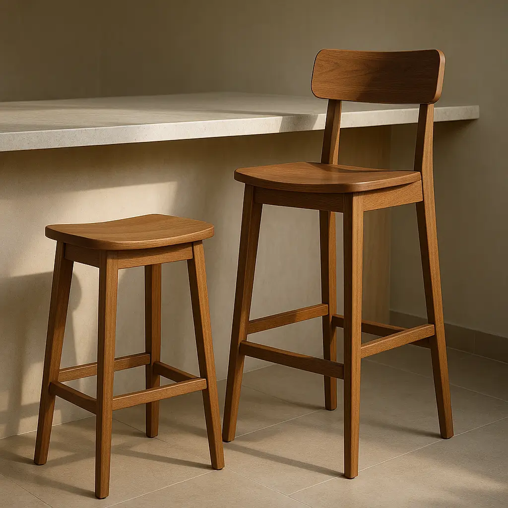 Altura de banqueta para balcão: tabela 90 e 110 cm, duas banquetas de madeira, uma com encosto, junto à bancada