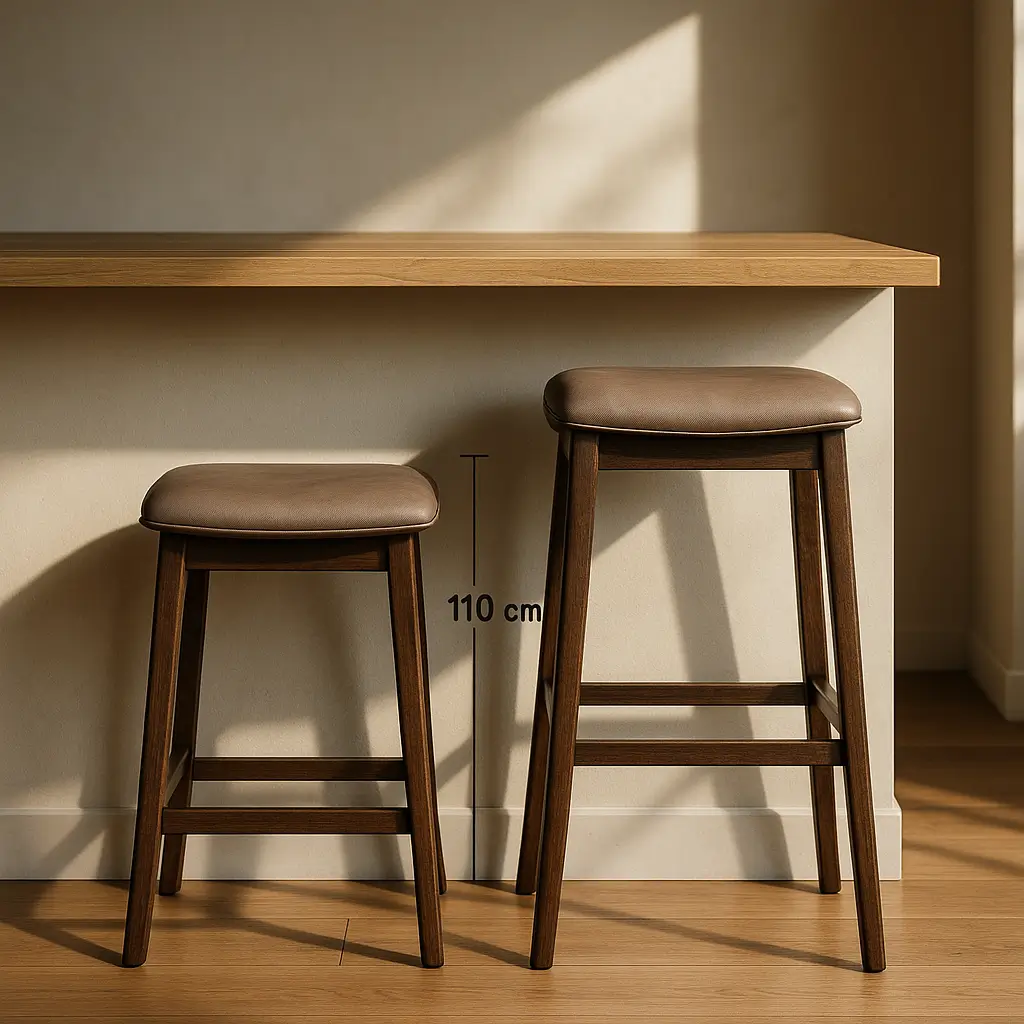 Altura de banqueta para balcão: tabela 90 e 110 cm, duas banquetas estofadas junto à bancada 110 cm