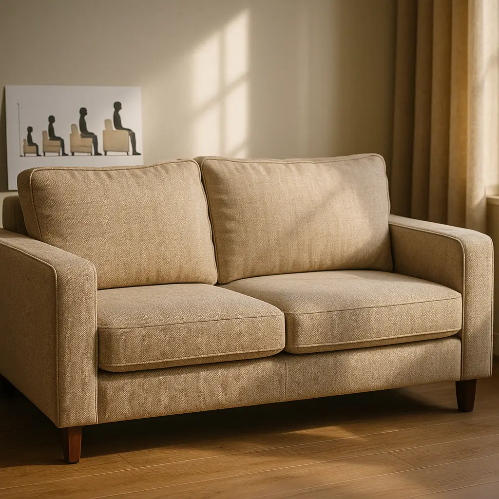 Altura do assento e encosto do sofá: tabela 2025, sofá bege com cartaz de ergonomia ao fundo