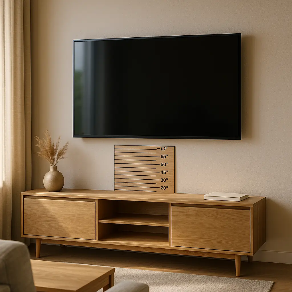 Altura do painel de tv na parede: tabela por polegadas; TV na parede e régua de polegadas sobre rack de madeira