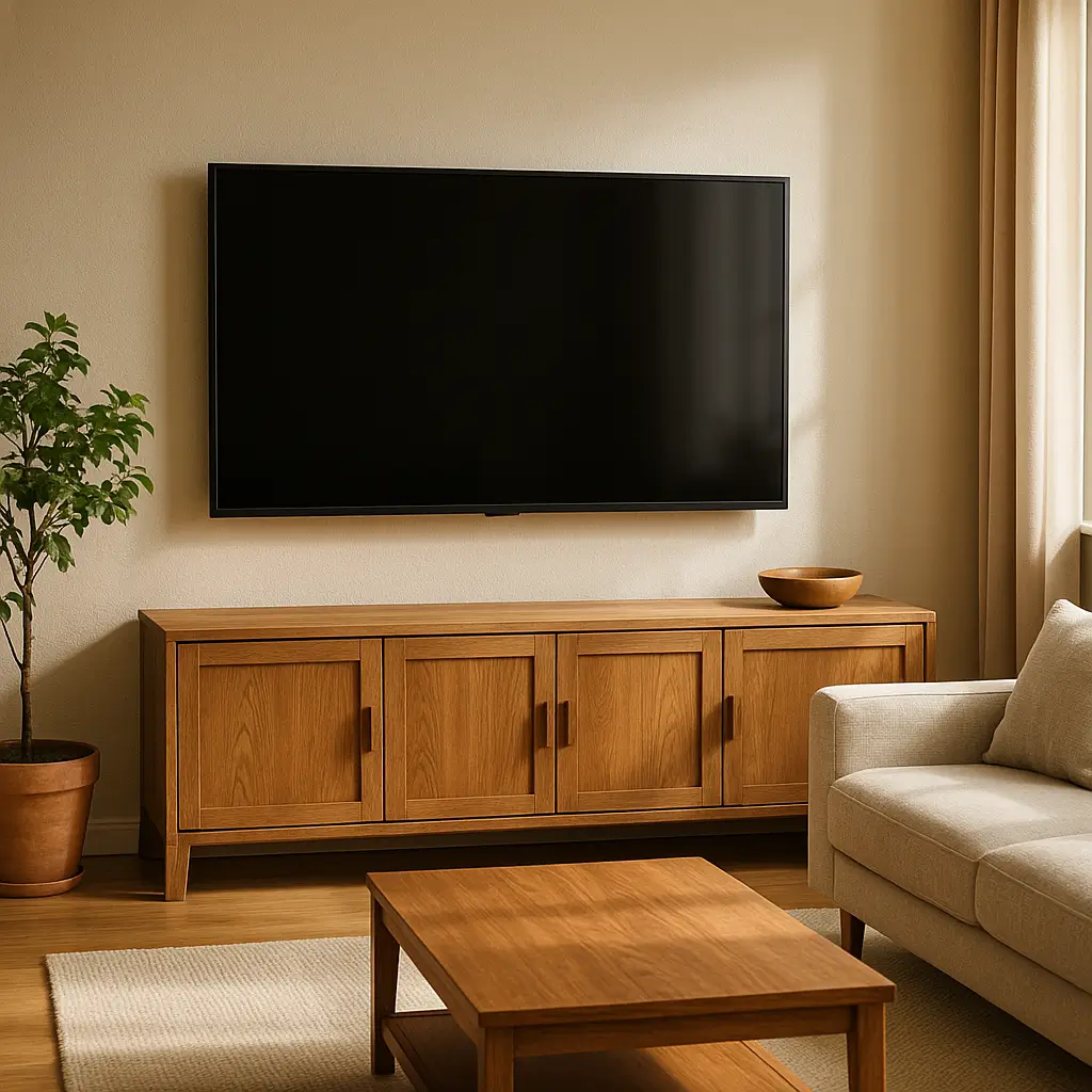 Altura do painel de tv na parede: tabela por polegadas; TV na parede, rack de madeira, mesa de centro, sofá e planta