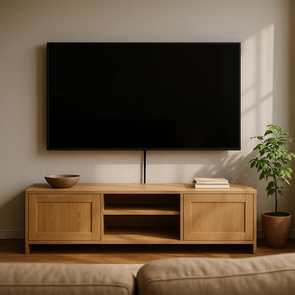 Altura do painel de tv na parede: tabela por polegadas; TV na parede sobre rack de madeira, cabo central aparente, livros e planta