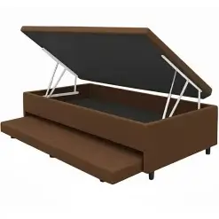 Base Box Bau Solteiro Com Auxiliar Corino 43x188x88 Alto Nivel Marrom