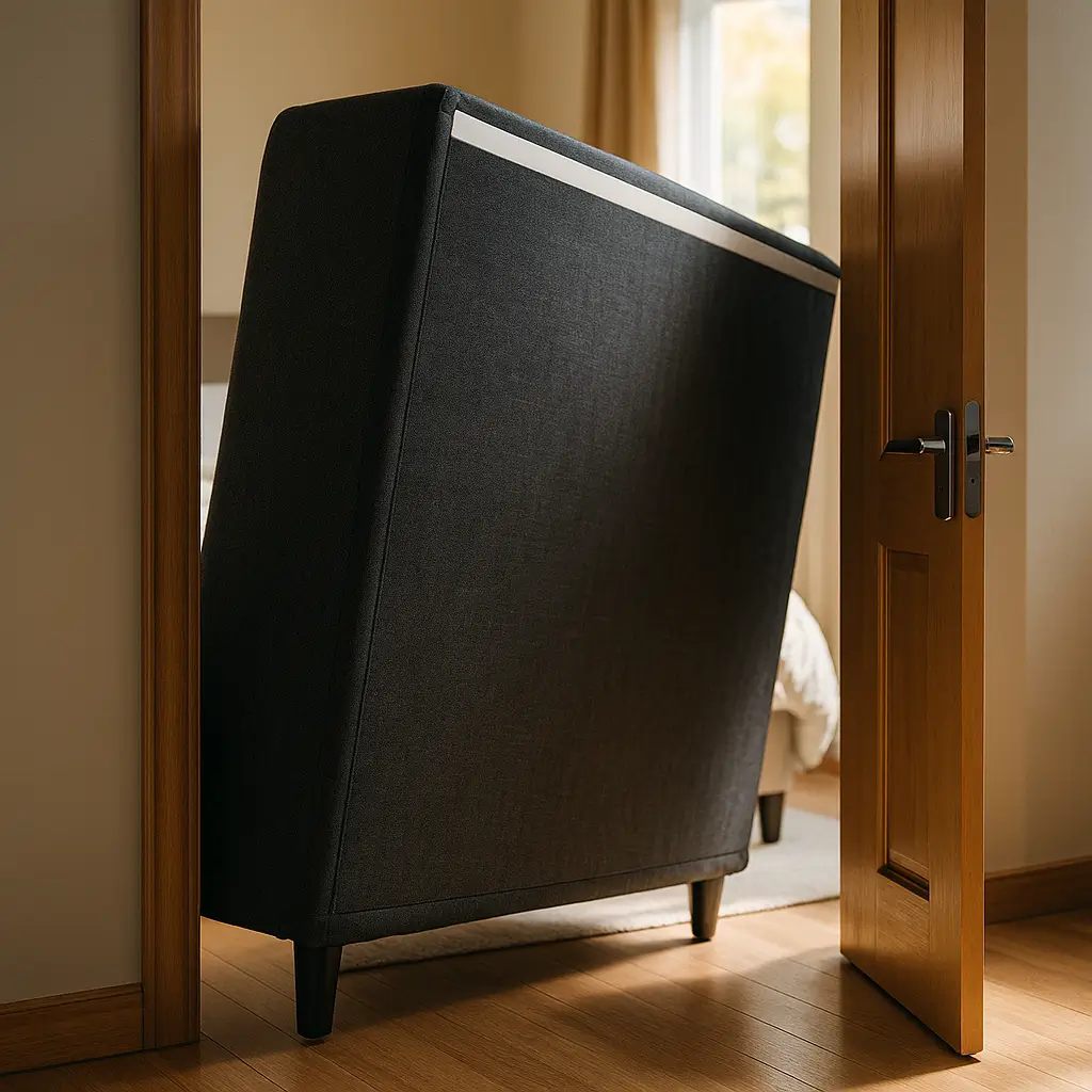 Base box queen passa em porta de 70 cm: guia rápido, base box escura inclinada passando pela porta