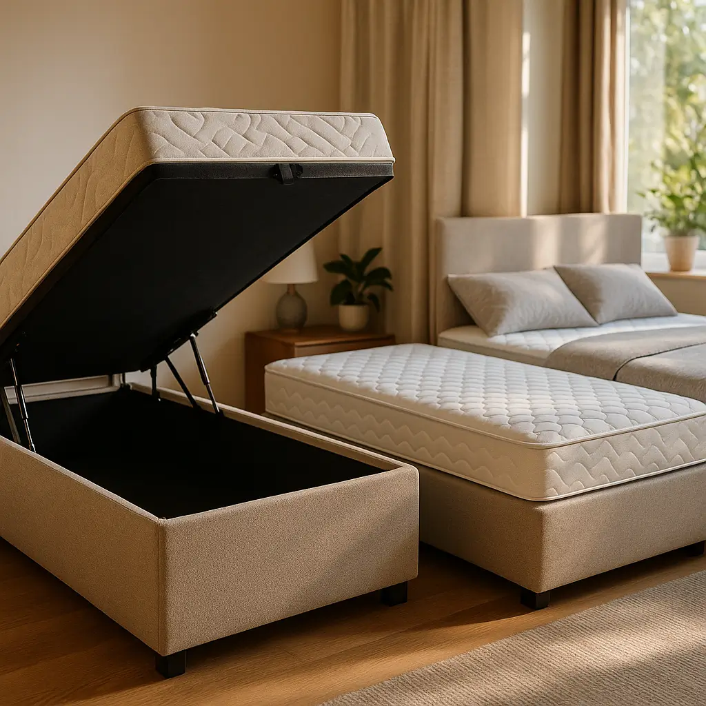 Box baú vs base box: qual escolher para ganhar espaço; box baú bege aberto com pistões ao lado de base box com colchão