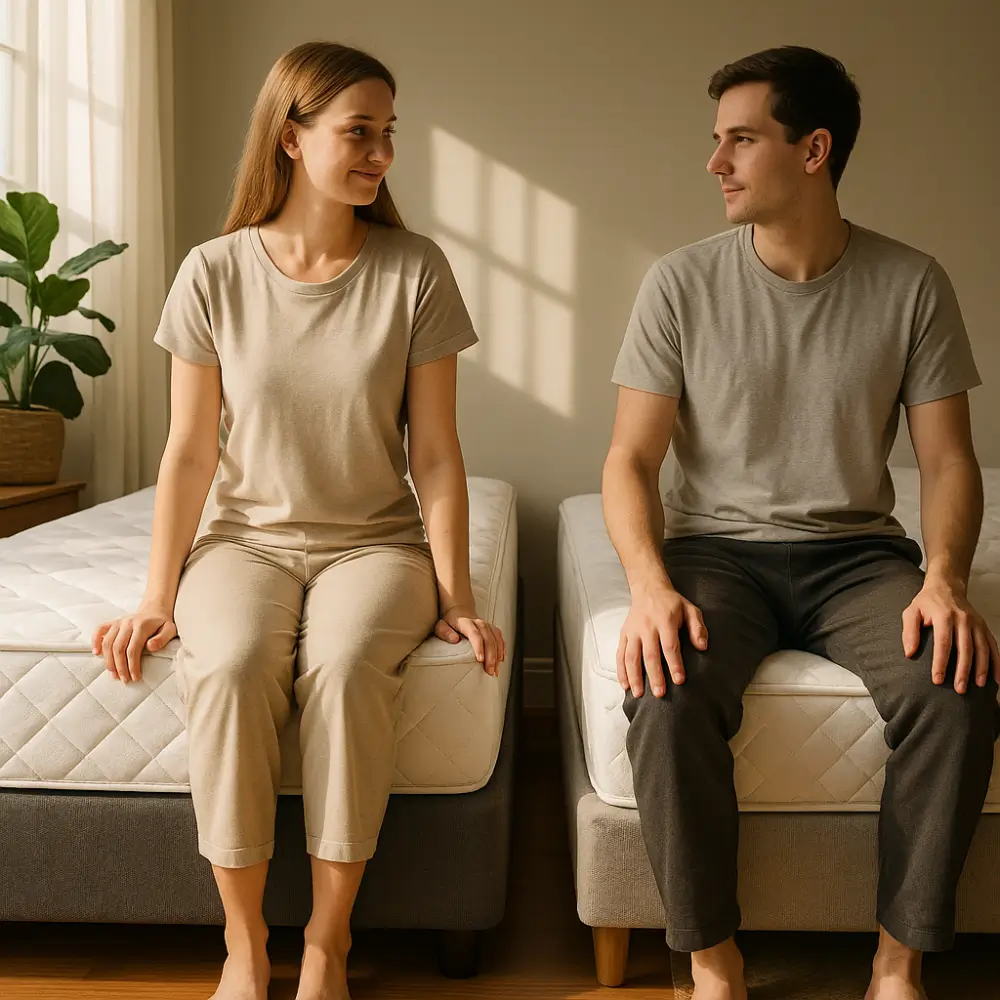 Cama box alta ou baixa: qual a altura ideal? duas pessoas sentadas em camas box de alturas diferentes