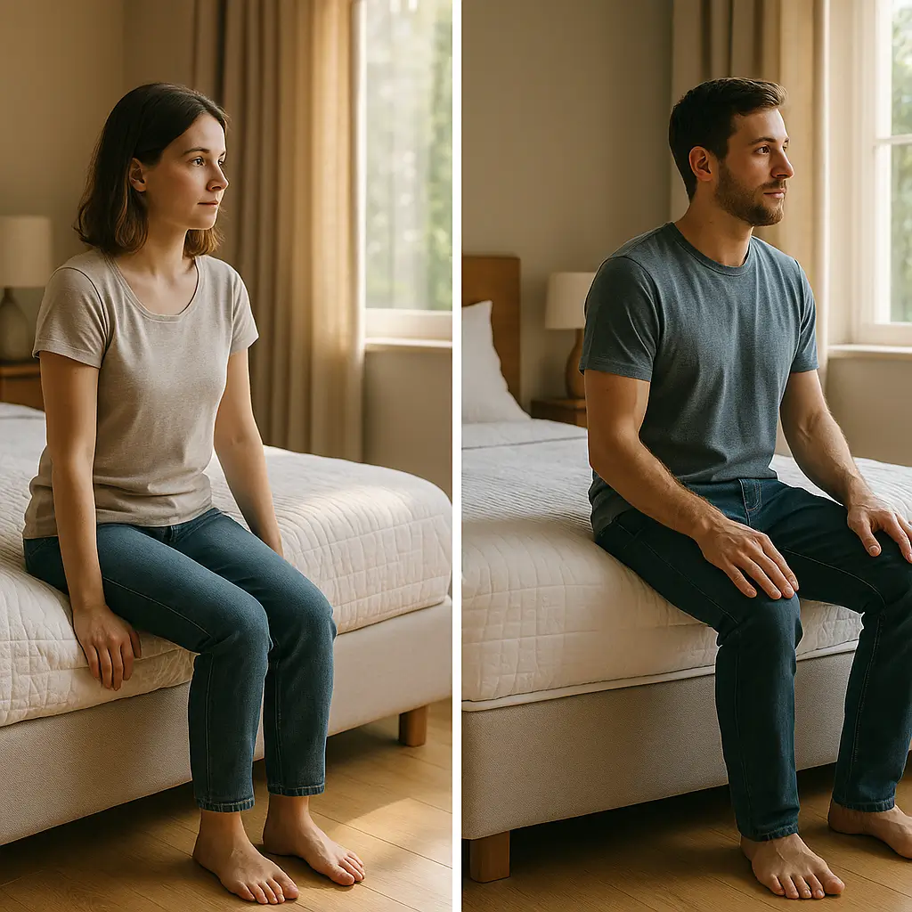 Cama box alta ou baixa: qual a altura ideal? mulher e homem sentados à beira da cama box