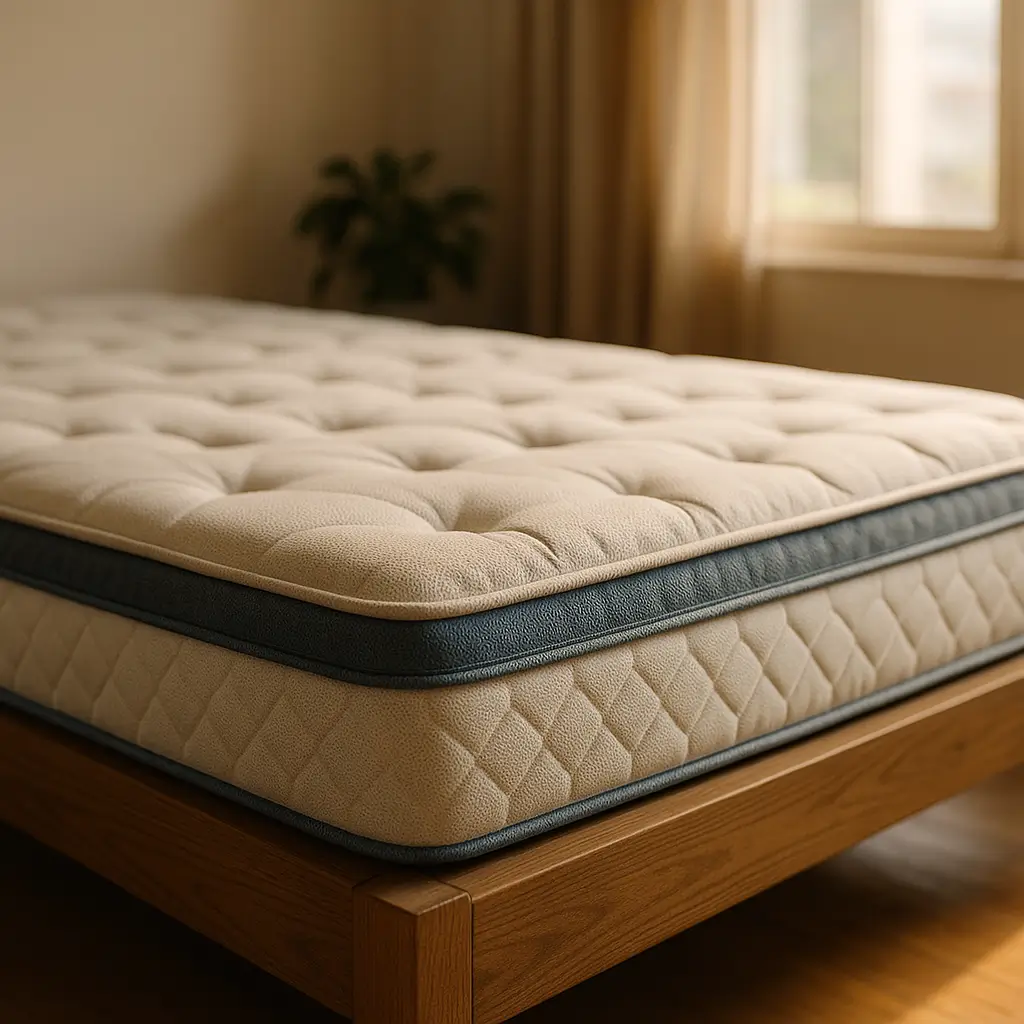 Colchão bom e barato até R$ 1000: como escolher, colchão bege com borda azul sobre cama de madeira