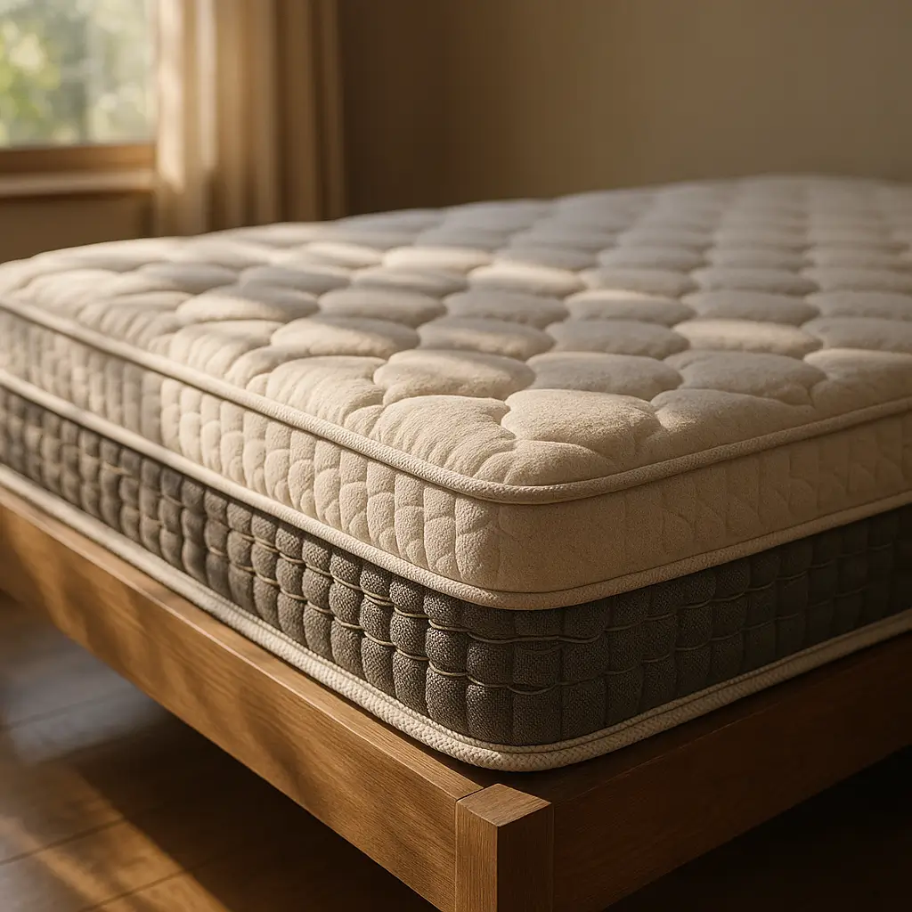 Colchão bom e barato até R$ 1000: como escolher, colchão bege com lateral cinza sobre cama de madeira