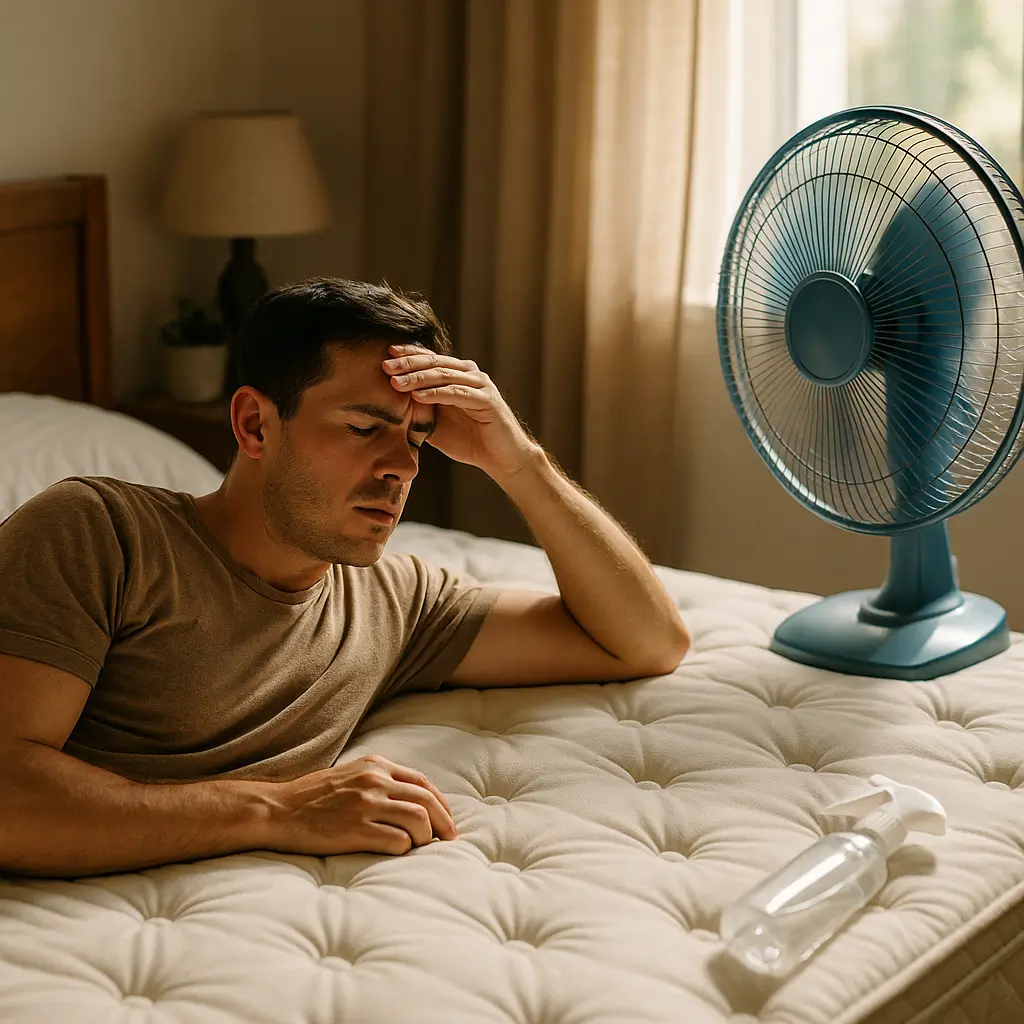 Colchão que esquenta no calor: soluções baratas, homem deitado com mão na cabeça, ventilador azul e borrifador sobre o colchão
