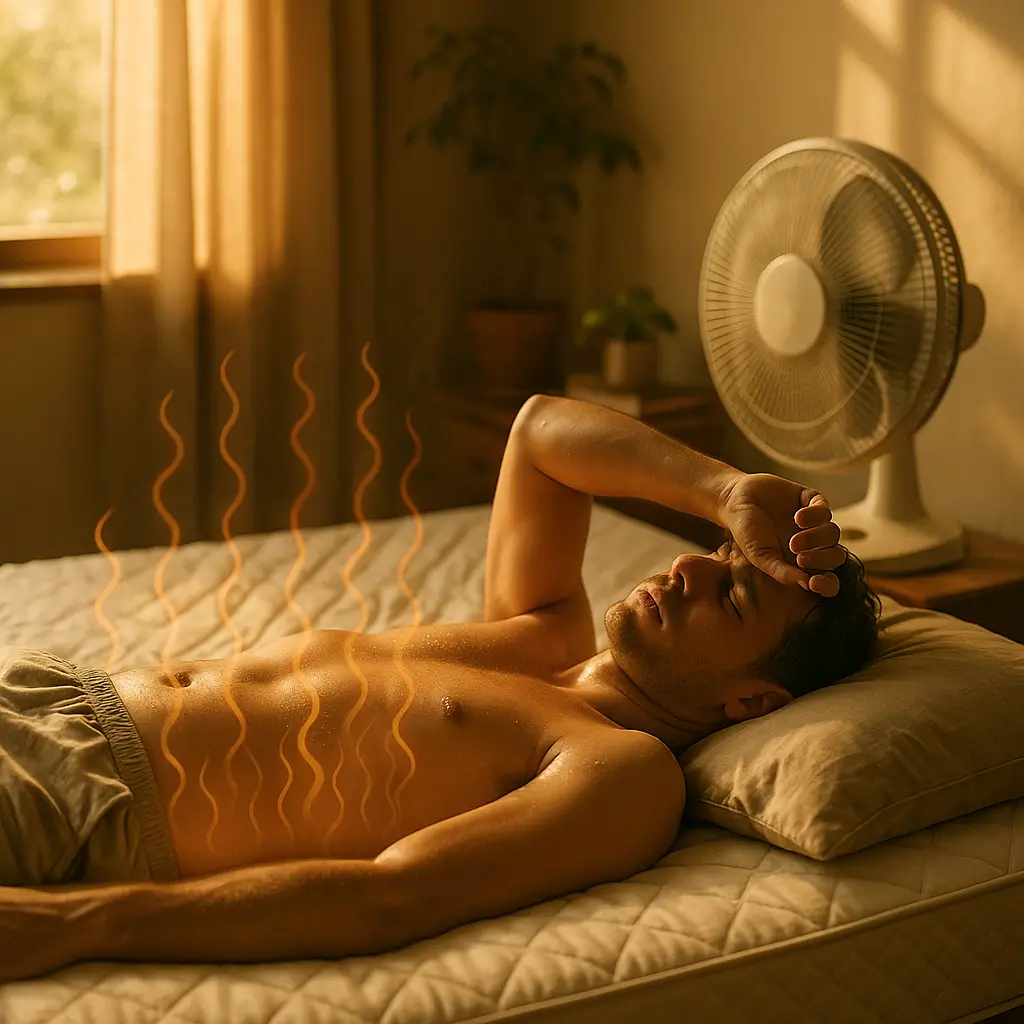 Colchão que esquenta no calor: soluções baratas, homem suando deitado no colchão com ondas de calor e ventilador