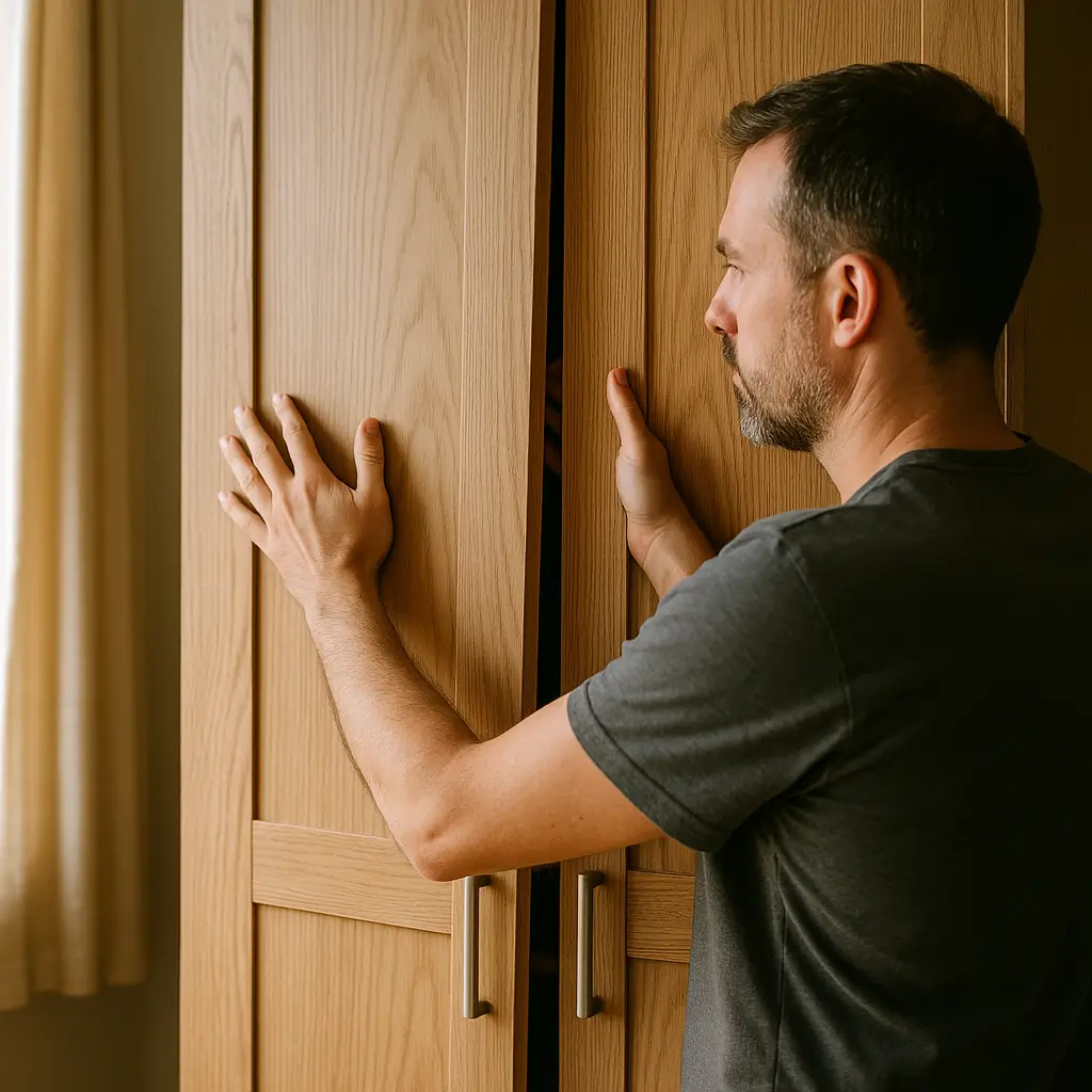 Como alinhar portas de guarda-roupa: guia rápido, homem ajustando portas de armário de madeira com vão central