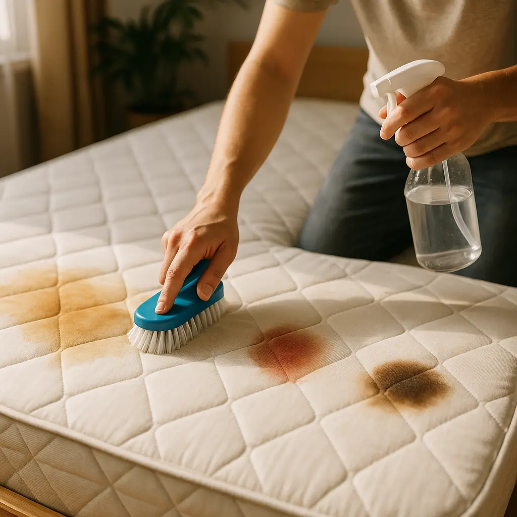 Como limpar colchão manchado de urina, sangue e café com escova e borrifador sobre manchas