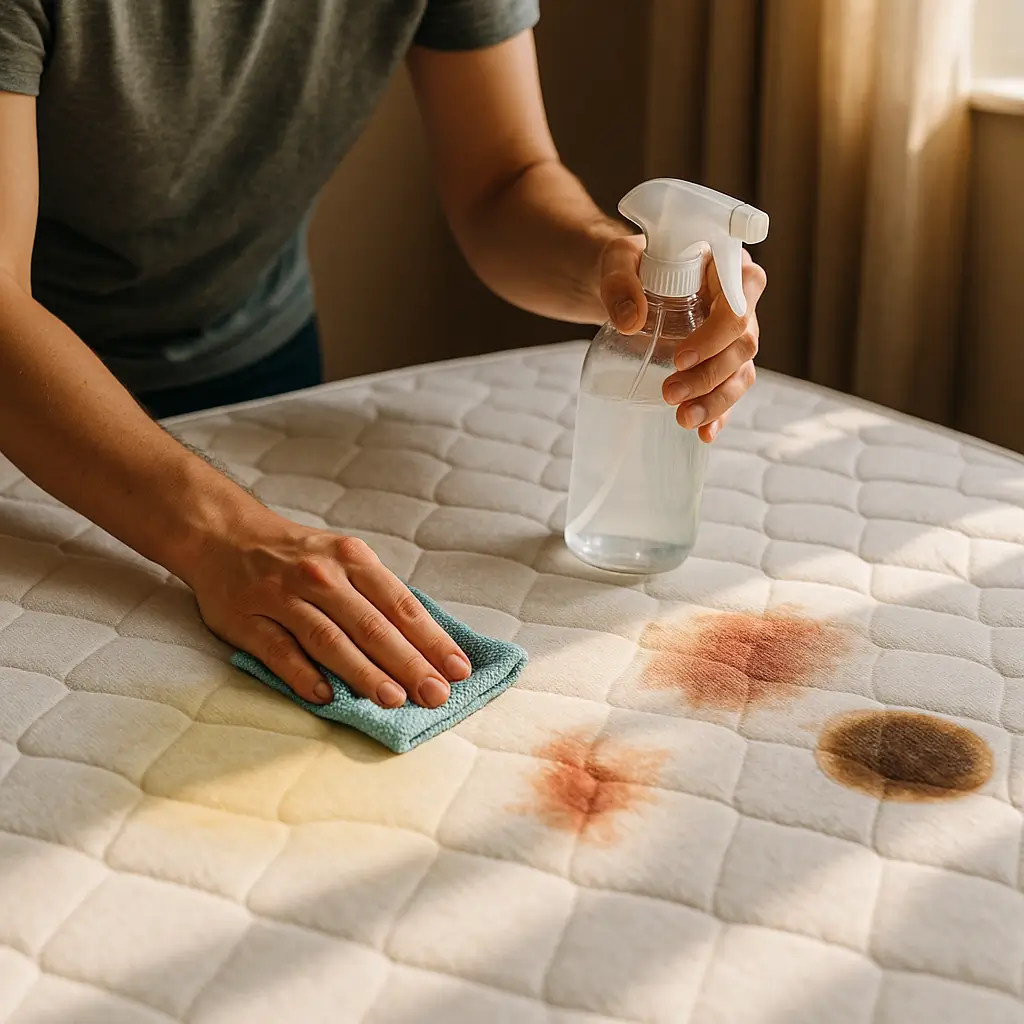 Como limpar colchão manchado de urina, sangue e café com pano e borrifador sobre manchas