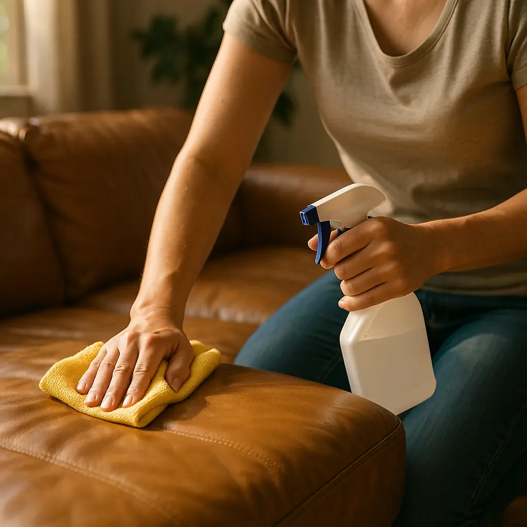 Como limpar sofá de couro sem ressecar, mão com borrifador e pano amarelo no assento