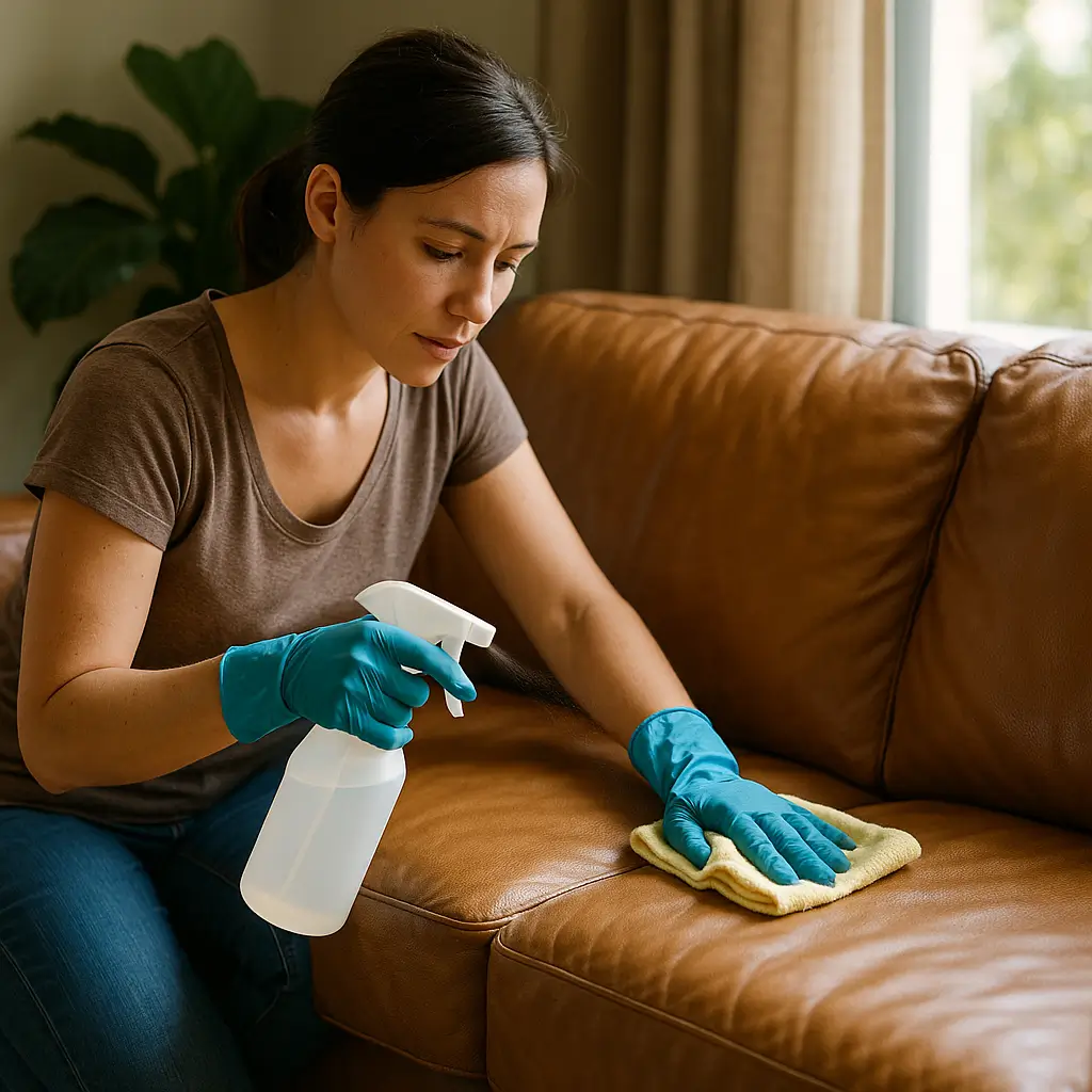 Como limpar sofá de couro sem ressecar, mulher com luvas azuis borrifando e pano amarelo no assento
