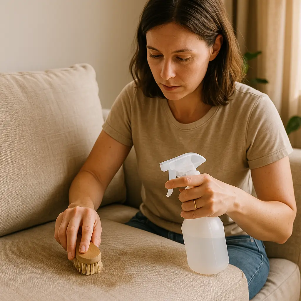 Como limpar sofá de linho: passo a passo rápido com borrifador e escova no sofá bege