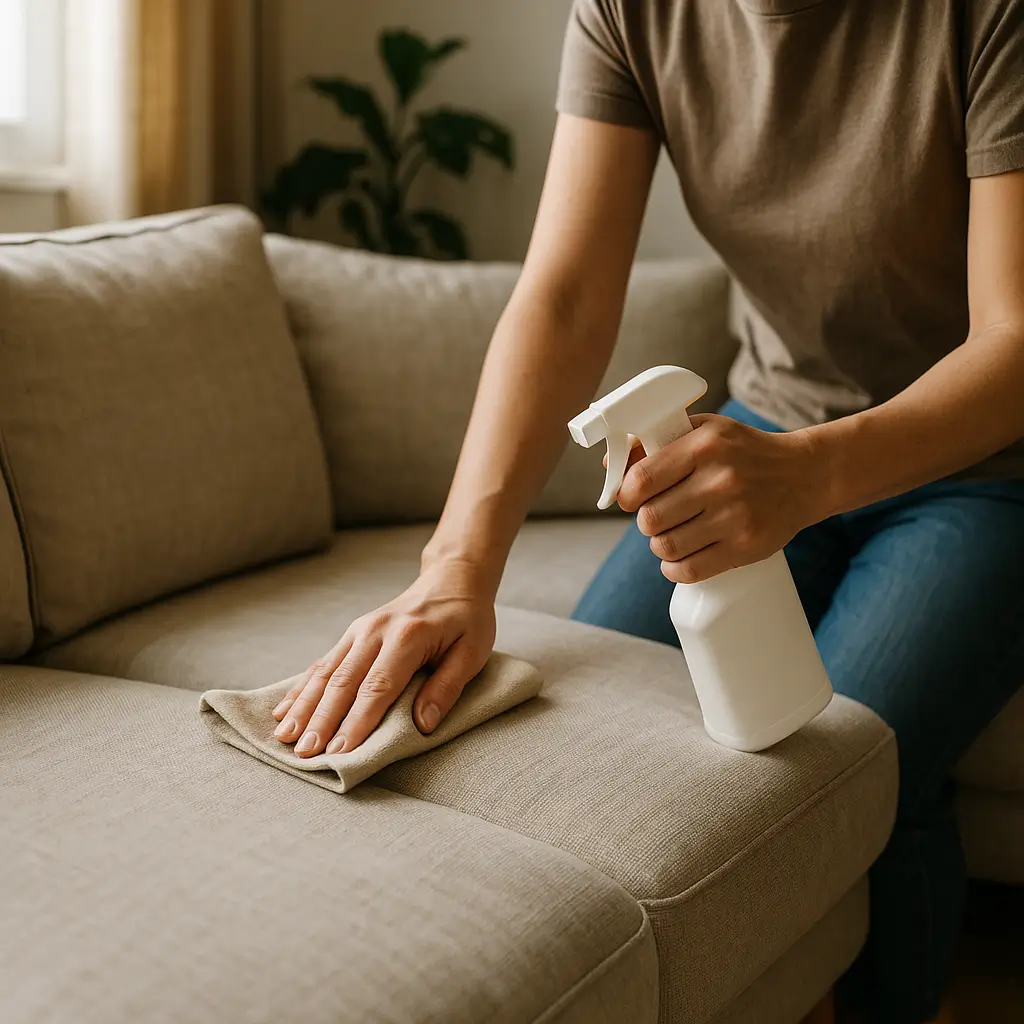 Como limpar sofá de linho: passo a passo rápido com borrifador e pano no assento bege