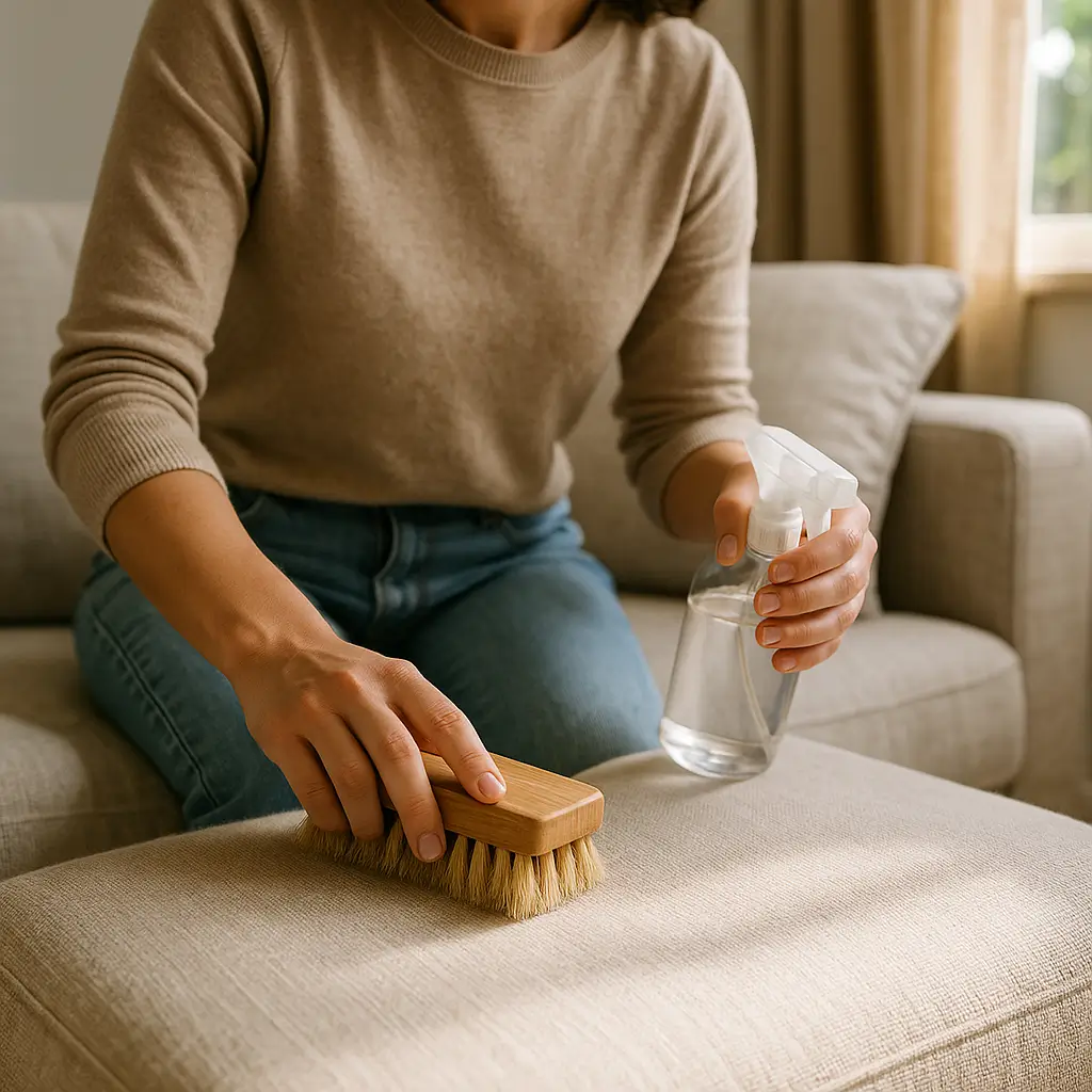 Como limpar sofá de linho: passo a passo rápido com escova macia e borrifador no assento bege