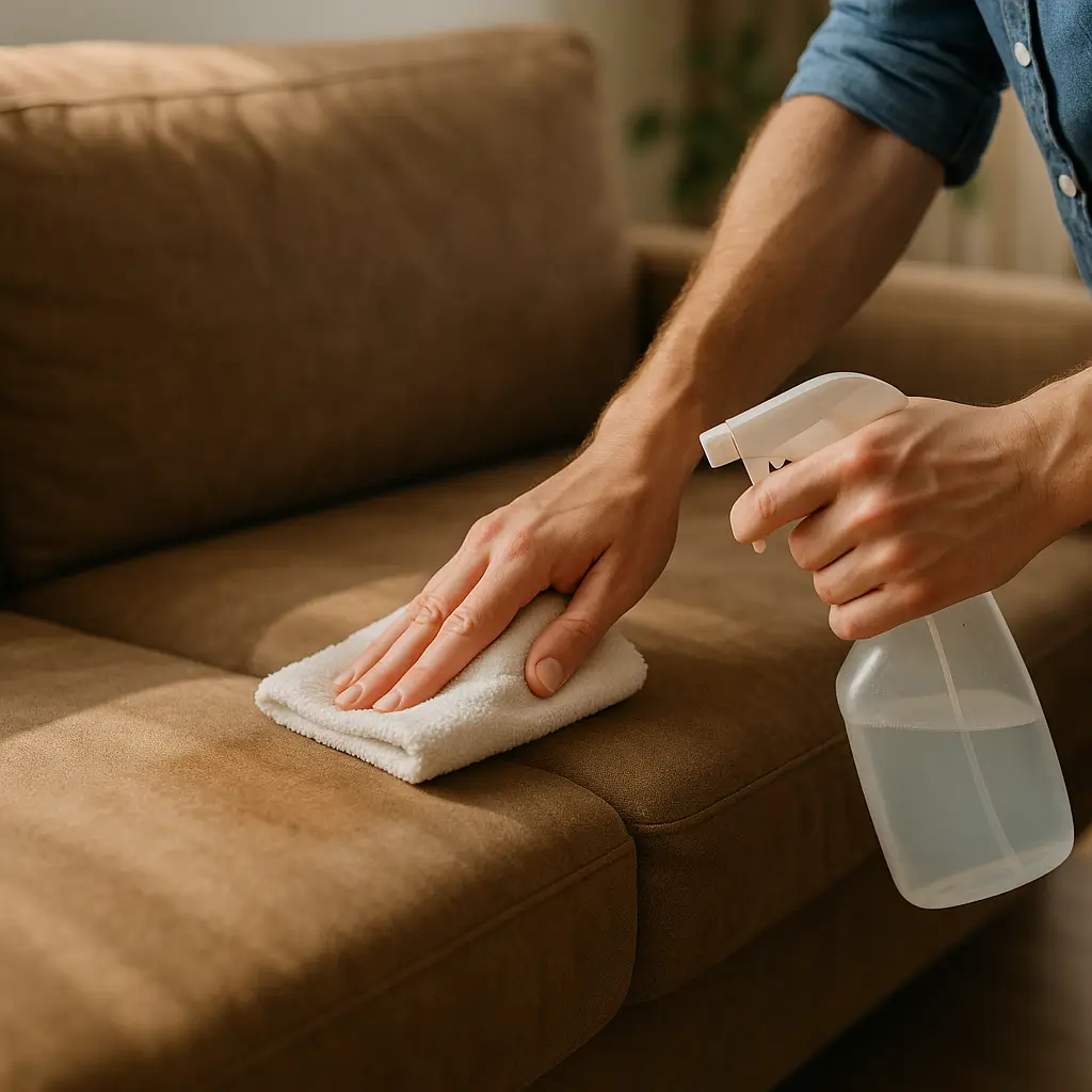 Como limpar sofá de suede sem manchar, mão com borrifador e pano branco no assento