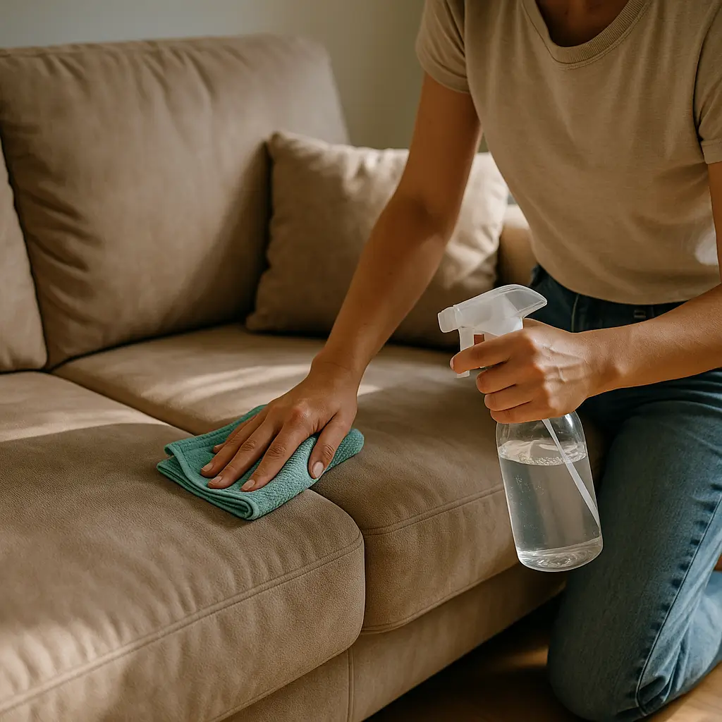 Como limpar sofá de suede sem manchar, mão com pano de microfibra e borrifador no assento