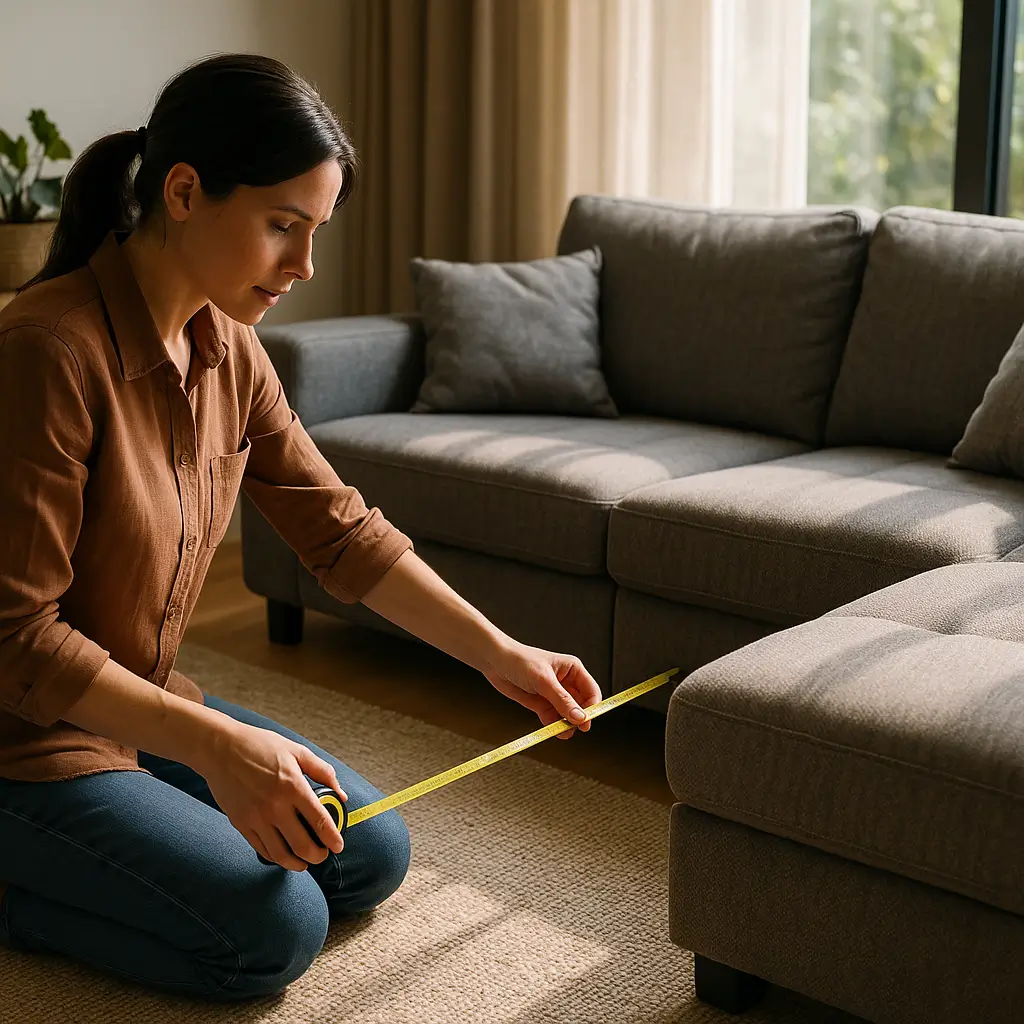 Como medir sala para sofá retrátil: passo a passo, trena medindo distância entre sofá e chaise