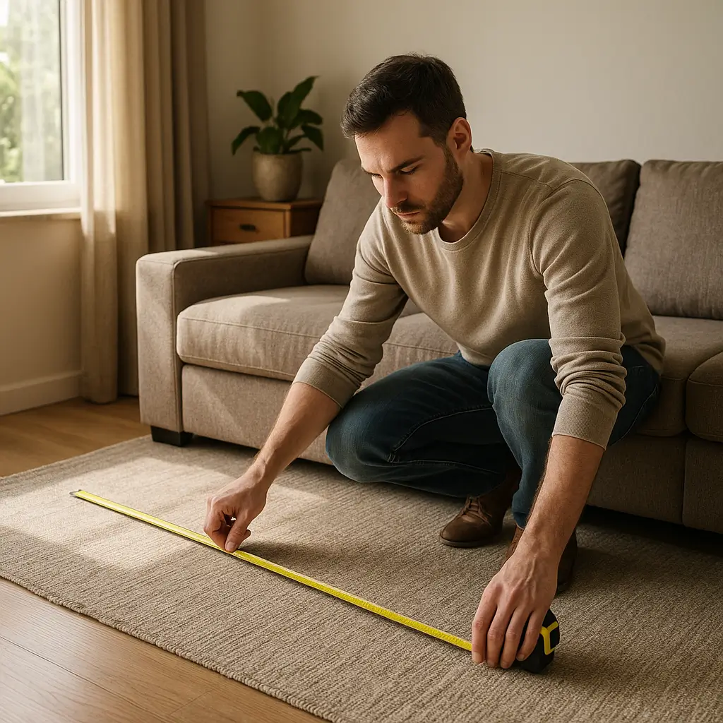 Como medir sala para sofá retrátil: passo a passo, trena medindo espaço no tapete em frente ao sofá
