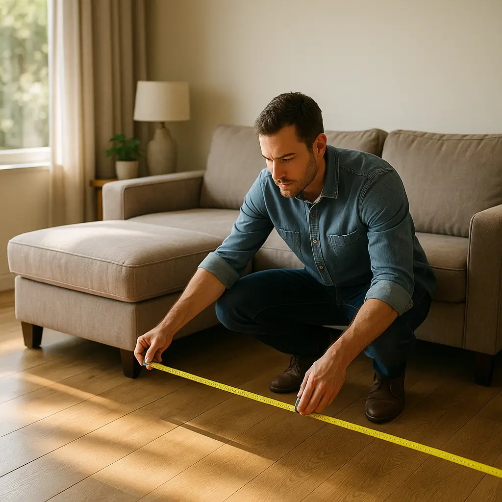 Como medir sala para sofá retrátil: passo a passo, trena no piso medindo distância em frente ao sofá chaise