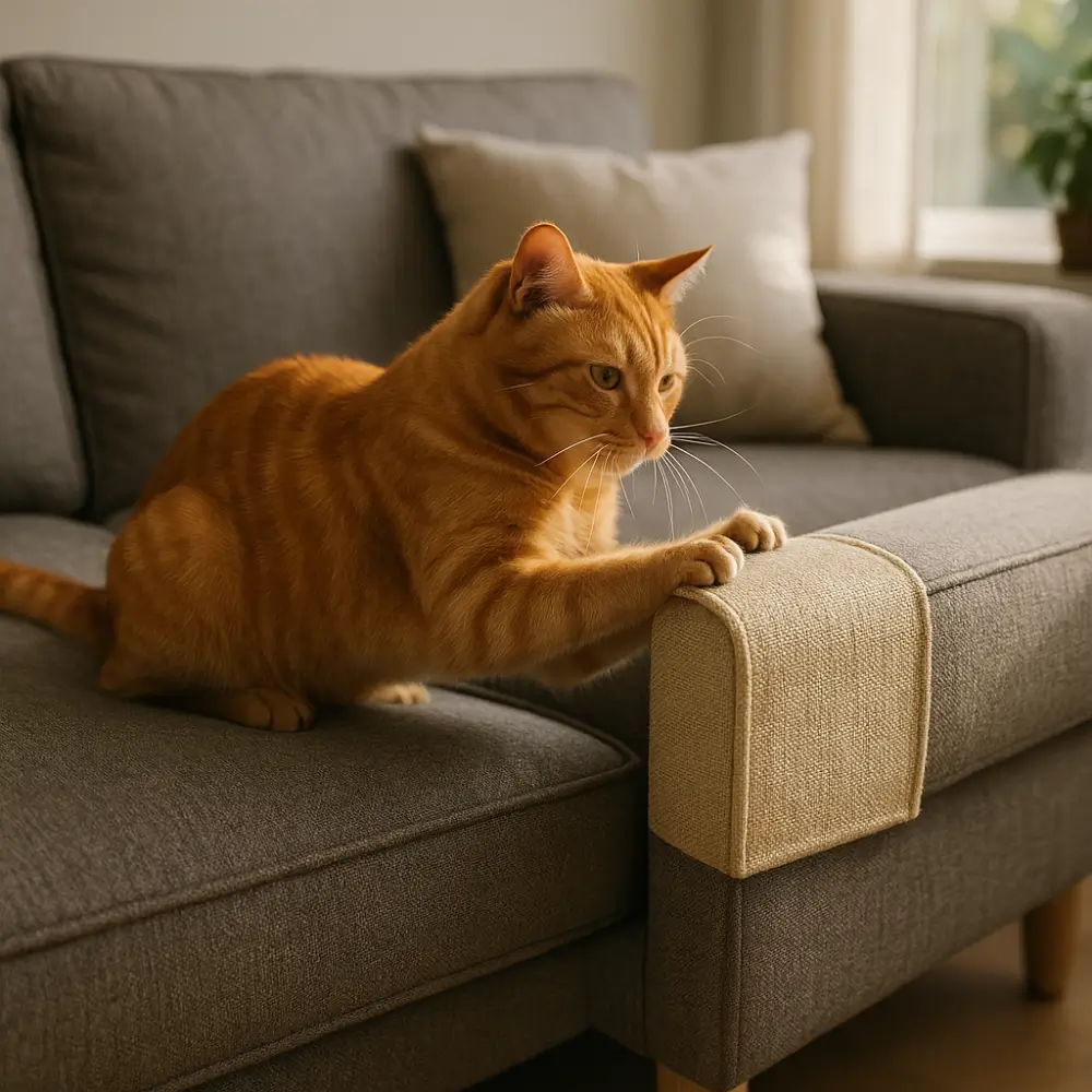 Como proteger sofá de gato: 9 soluções baratas, gato laranja arranhando protetor no braço do sofá cinza