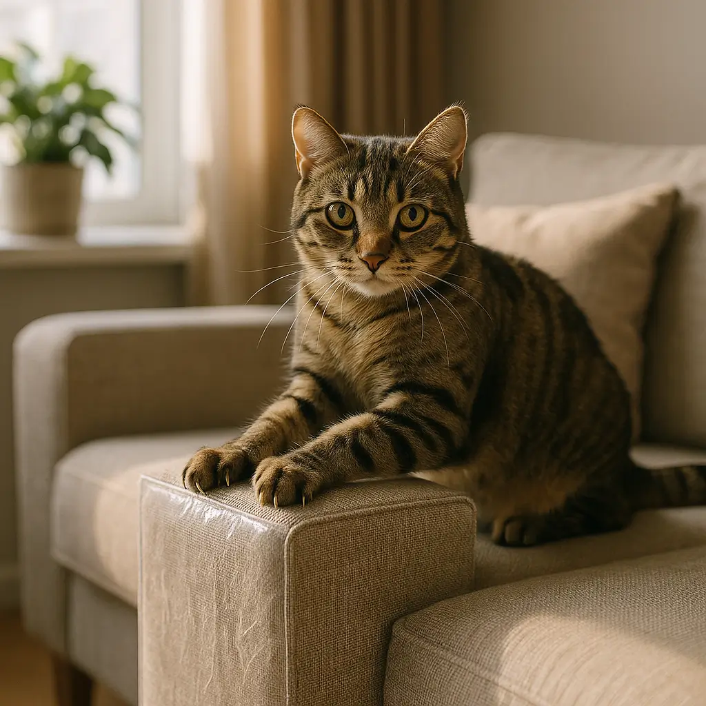 Como proteger sofá de gato: 9 soluções baratas, gato tigrado no braço de sofá bege com filme protetor