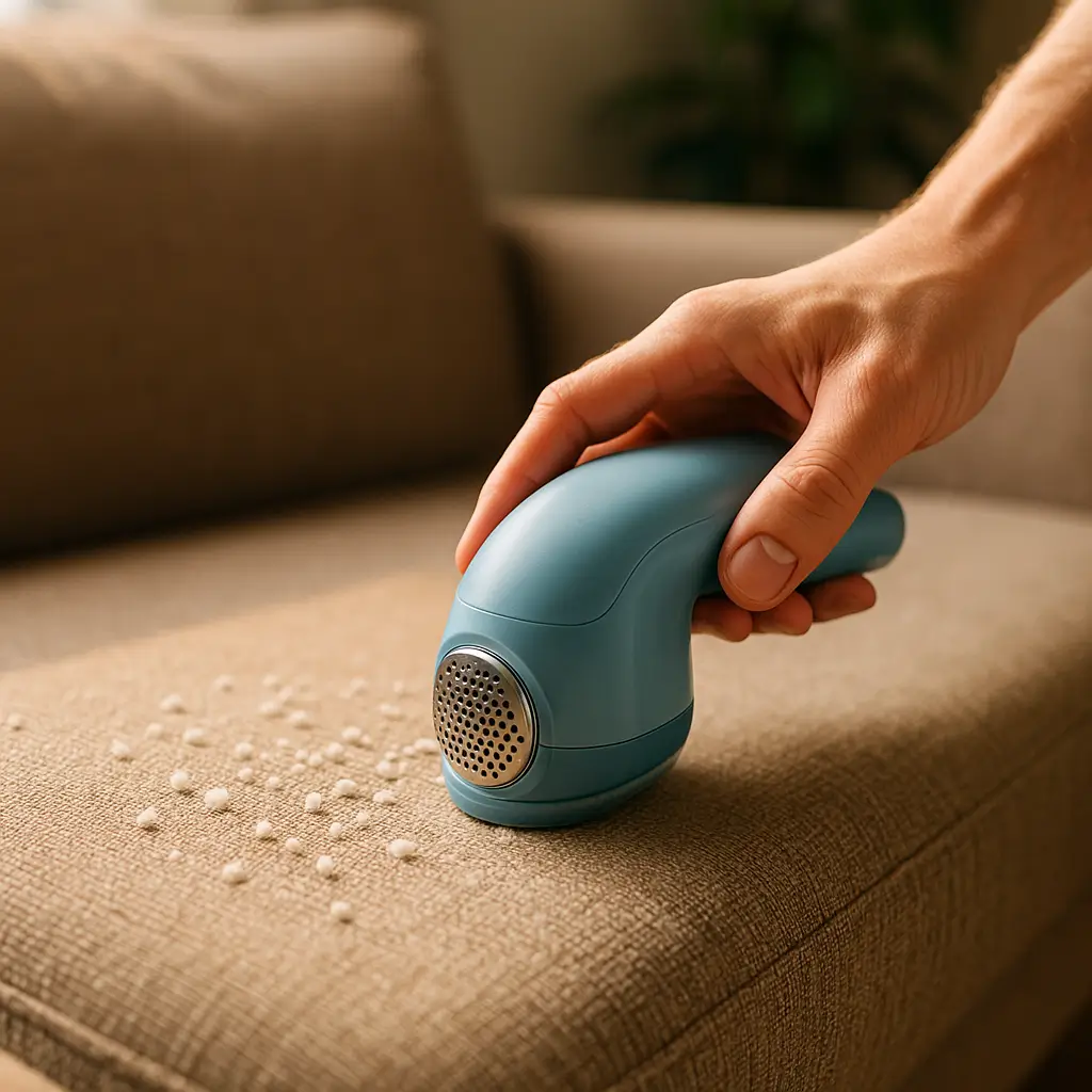 Como tirar bolinhas do sofá: passo a passo 2025, mão usando removedor elétrico em sofá bege com bolinhas