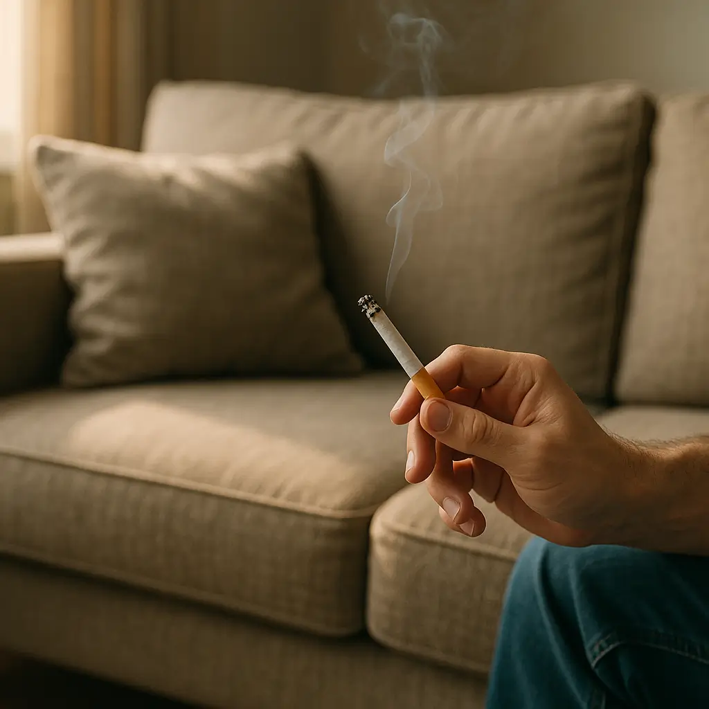 Como tirar cheiro de cigarro do sofá: guia rápido; mão segurando cigarro com fumaça em frente ao sofá