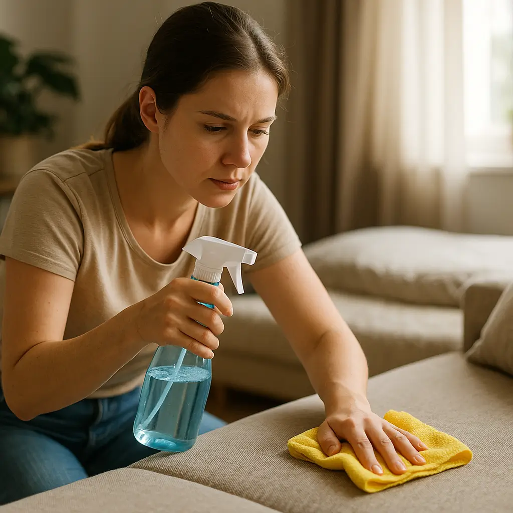 Como tirar cheiro de cigarro do sofá: guia rápido; mulher borrifando produto azul e limpando com pano amarelo