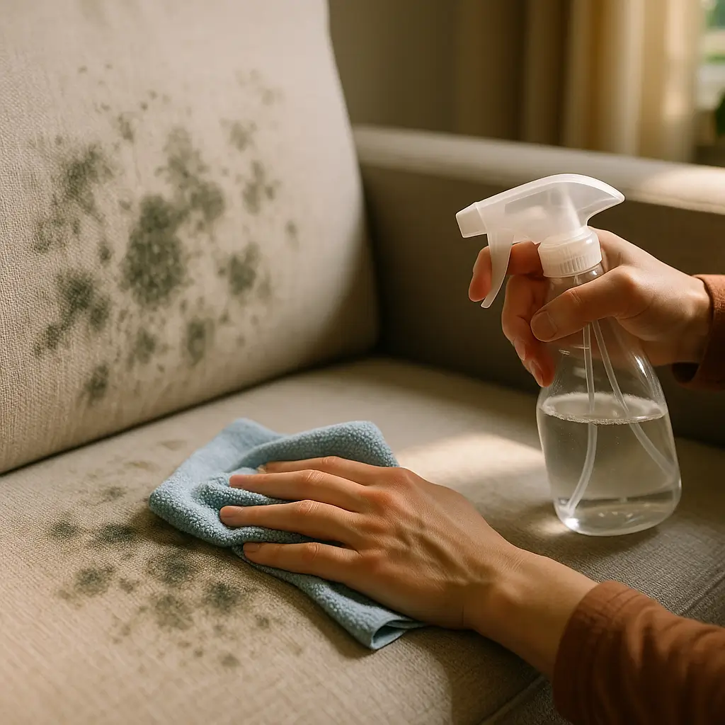 Como tirar mofo do sofá: passo a passo rápido, borrifador e pano azul limpando mofo em sofá bege