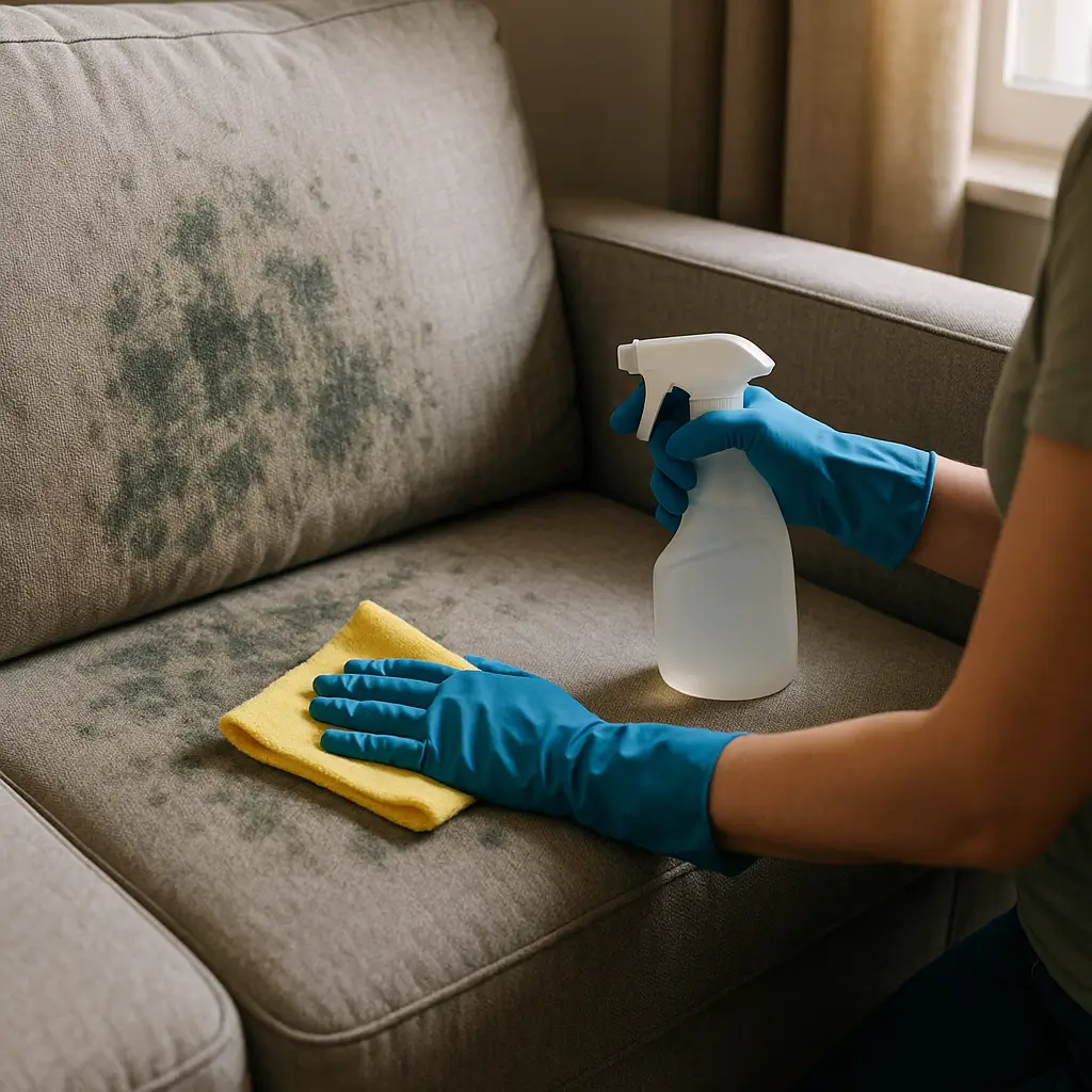 Como tirar mofo do sofá: passo a passo rápido, luvas azuis com borrifador e pano amarelo limpando mofo em sofá cinza