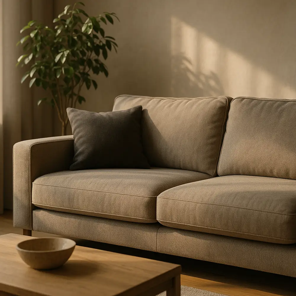 Cor de sofá que suja menos: guia rápido; sofá bege com almofada escura e mesa de madeira