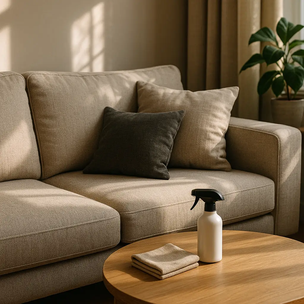 Cor de sofá que suja menos: guia rápido; sofá bege com almofadas escuras, borrifador e pano na mesa de madeira