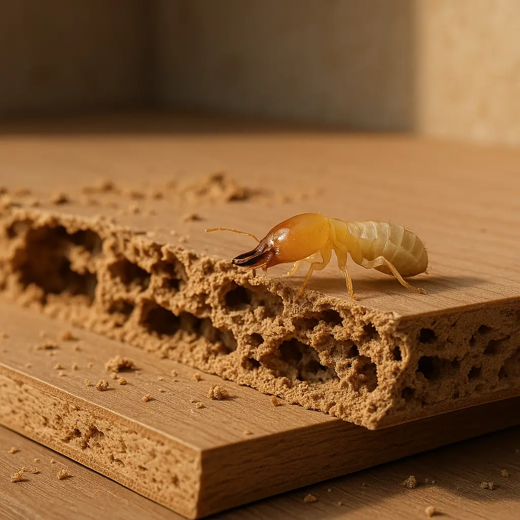 Cupim em mdf e mdp: como identificar, tratar e evitar; cupim sobre MDF roído com pó