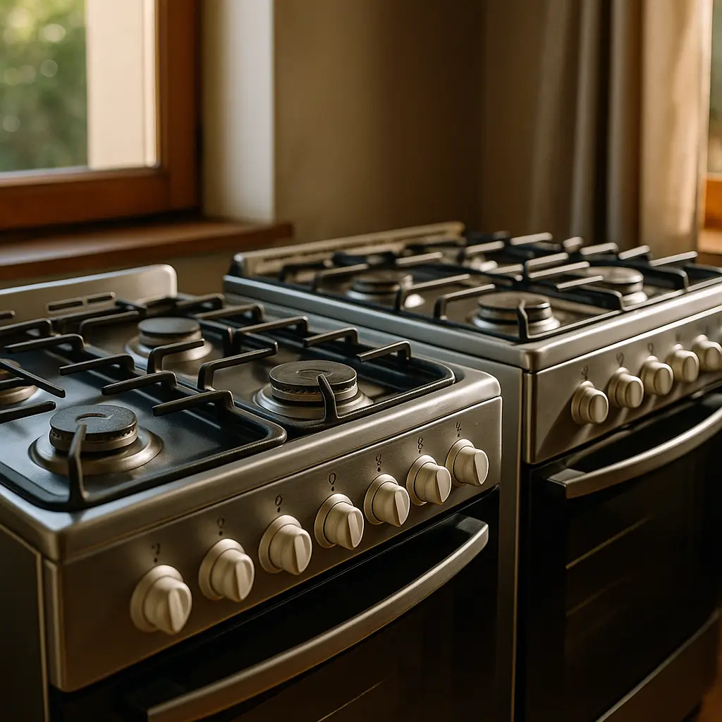 Fogão 4 ou 5 bocas: qual comprar para sua família, dois fogões inox lado a lado próximos à janela