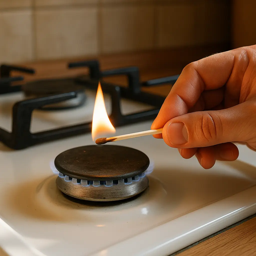 Fogão chama fraca: 8 ajustes fáceis; mão com fósforo acendendo queimador, chama baixa