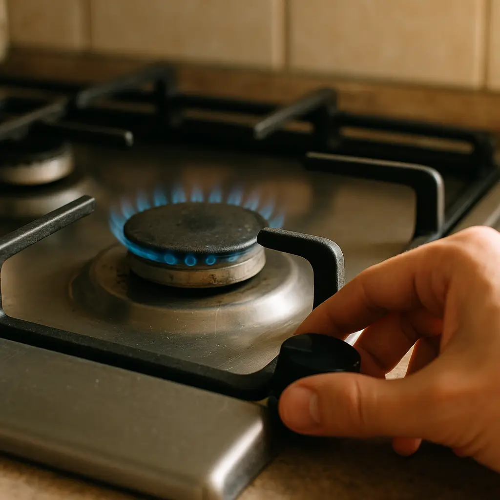 Fogão chama fraca: 8 ajustes fáceis; mão girando botão, chama azul baixa