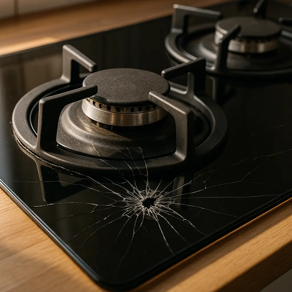 Fogão de vidro trincou: o que fazer agora? Cooktop preto com trinca em teia perto do queimador