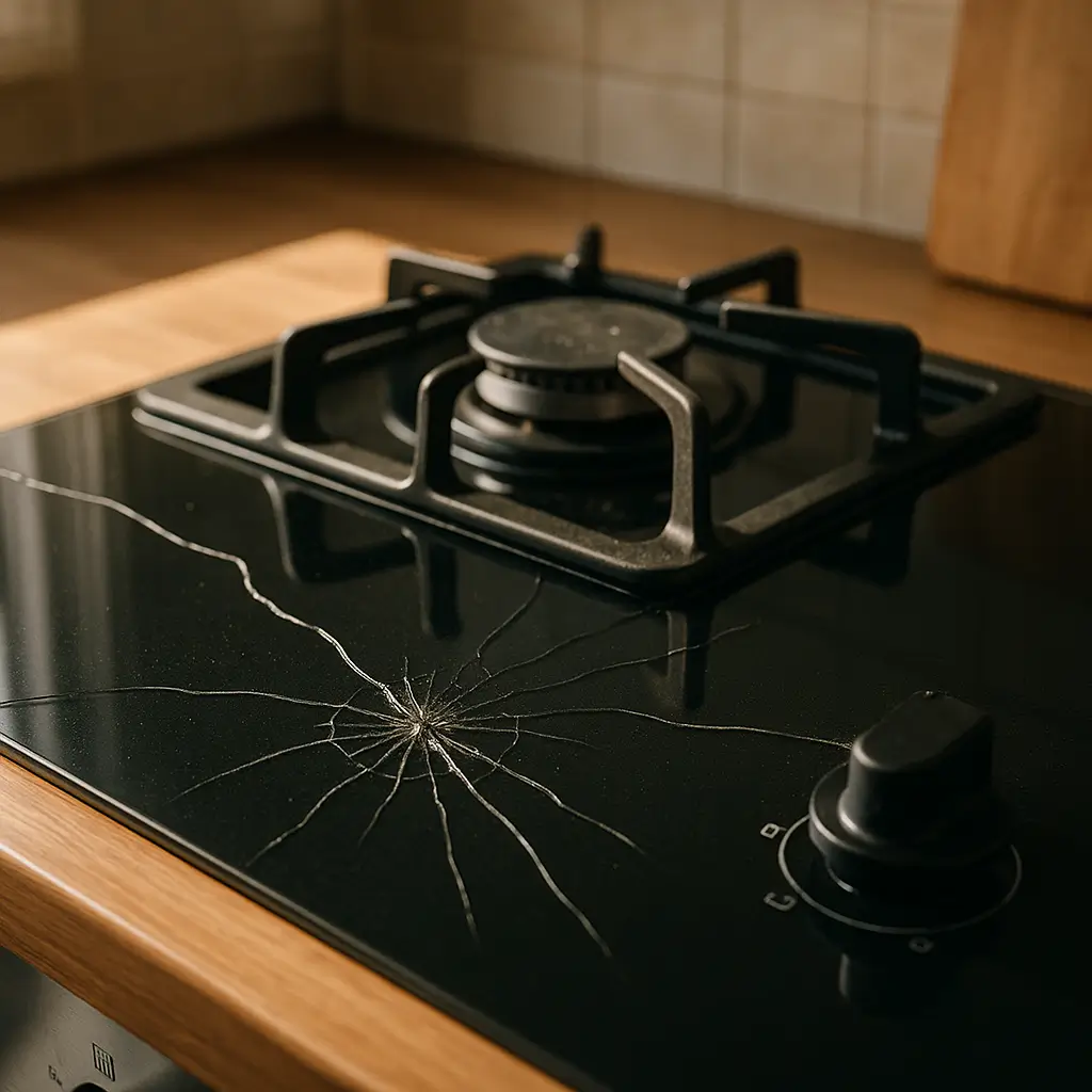 Fogão de vidro trincou: o que fazer agora? Cooktop preto com trinca em teia perto do queimador e botão