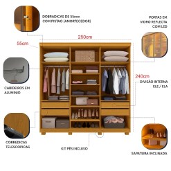 Guarda Roupa Innova Reflecta Casal 6 Portas 4 Gavetas Com LED Gelius Medidas