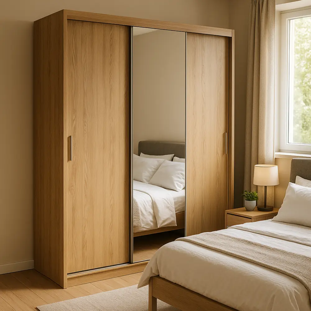 Guarda-roupa com espelho: prós, contras e medidas em quarto com cama e luminária