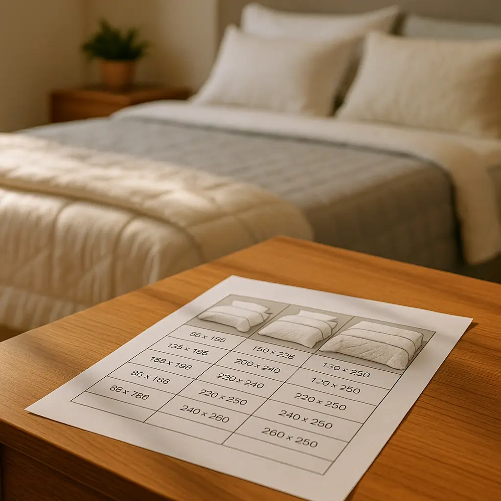 Medidas de lençol, edredom e cobre-leito por tamanho de cama, tabela impressa sobre mesa no quarto